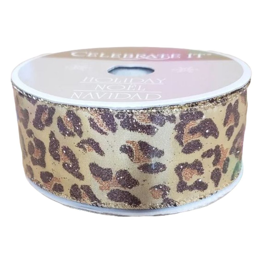 CELEBRATE IT - GOLD GLITTER LEOPARD WIRED EDGE RIBBON 1.5 INCH WIDE 10 YARDS - Picture 6 of 6